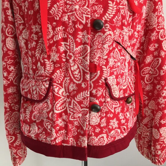 ELEVENSES Anthropologie Textured Red White Floral Polka Dot Lined Hooded Jacket - Picture 13 of 16